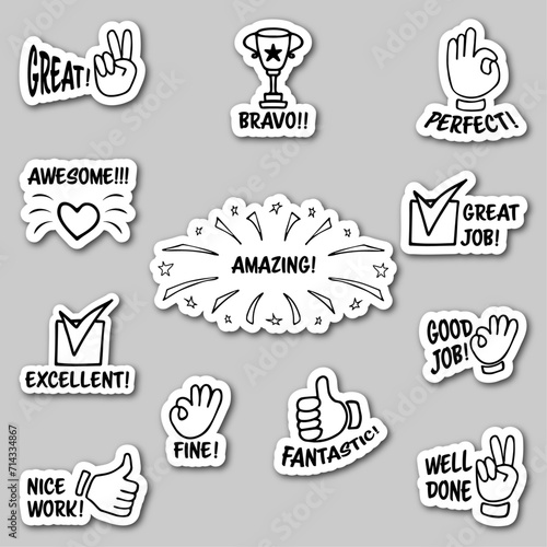Set of stickers with inspirational and motivational, positive slogans, phrases, compliments, lettering quotes. Hand drawn vector doodles in line style, sketch style.