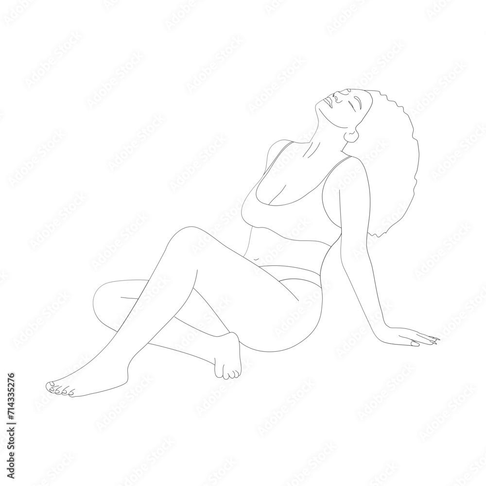 Hand Drawn Woman rests sitting on a surface with her head thrown back and leaning on her left arm.