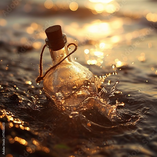 Message in a bottle on the seashore at sunset. Conceptual image photo