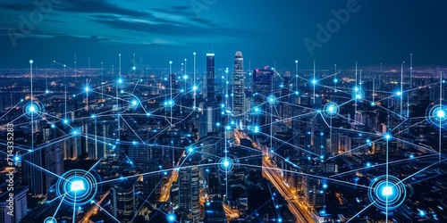 Photo Modern city landscape showing dots and line representing high-speed internet, cl