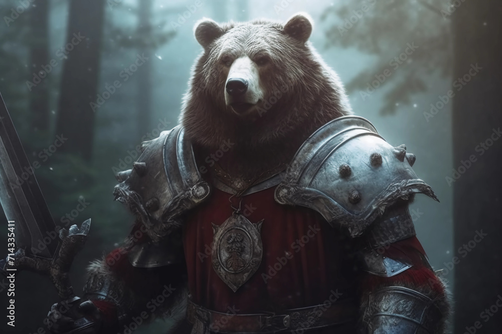 Bear with armor in the forrest. Generated AI - obrazy, fototapety, plakaty 