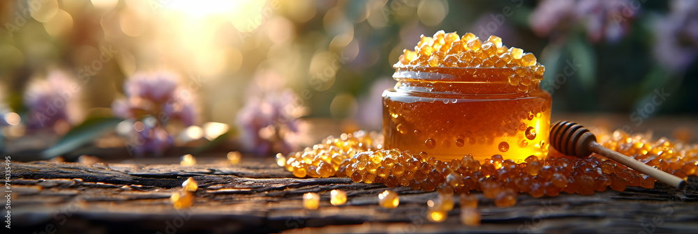 Honey in a jar against the background of flowers and blurred background - obrazy, fototapety, plakaty 