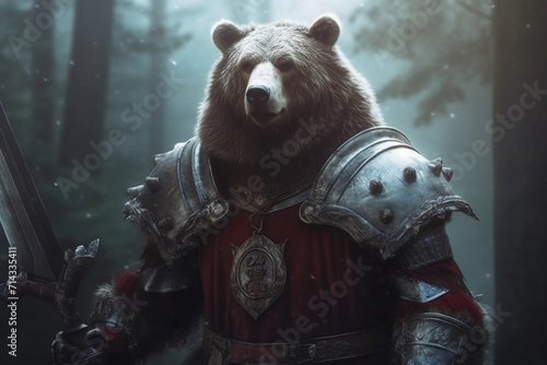 Bear with armor in the forrest. Generated AI