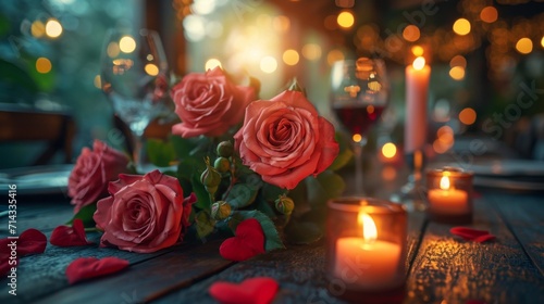 A cozy dinner table with candles and roses for a special Valentine's Day dinner, creating a romantic and intimate atmosphere.