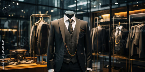 Photo of a suit visible on the model in the store, Interior of a luxury male wardrobe full of expensive suits, black three piece suit, Men suits in  luxury clothing shop, Clothes hanging on the shelf
 photo