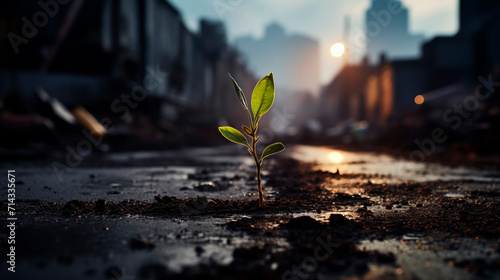A green sprout against a blurred cityscape. A small plant growing against the background of buildings or factories. The concept of nature, the struggle for life in a polluted environment © Mariia