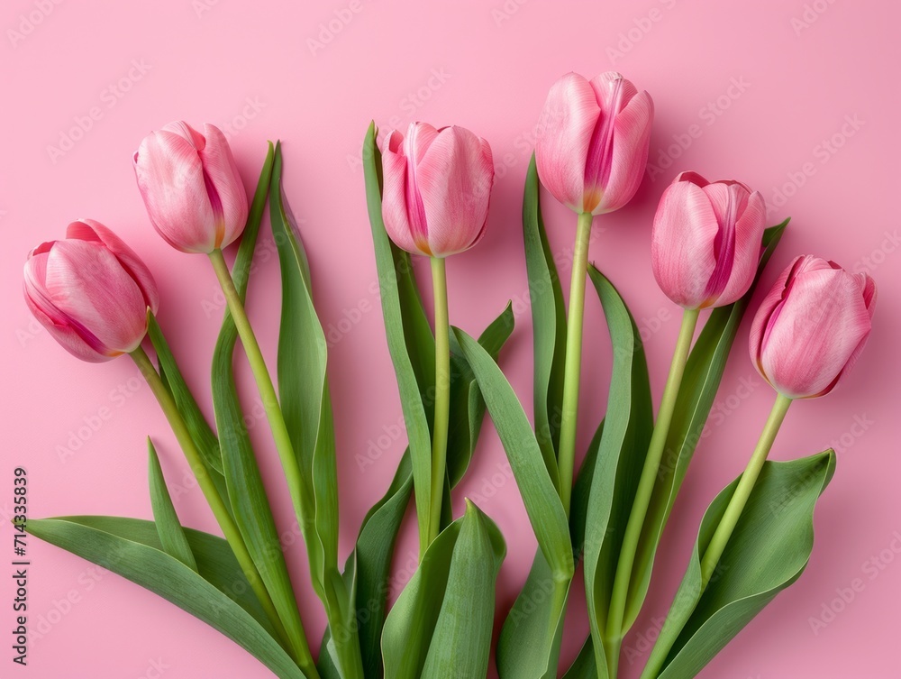 Beautiful Spring Flowers Composition on Pastel Pink Background AI Generated