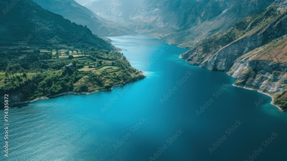  an aerial view of a lake surrounded by mountains and a valley in the middle of the picture is a bird's - eye view of the water, with a bird's - eye view.