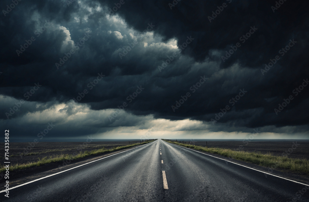 clouds over the road, driving in a dark road, straight road in a stormy weather