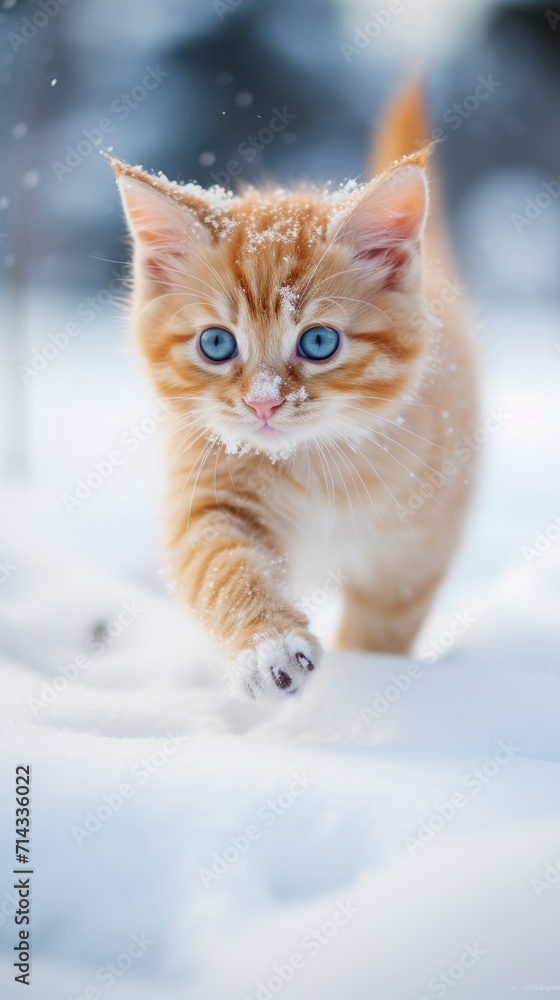 An adorable kitten dives into the icy wonders with excitement. Cat in first contact with the snow with its paws leaving footprints as it explores the terrain.