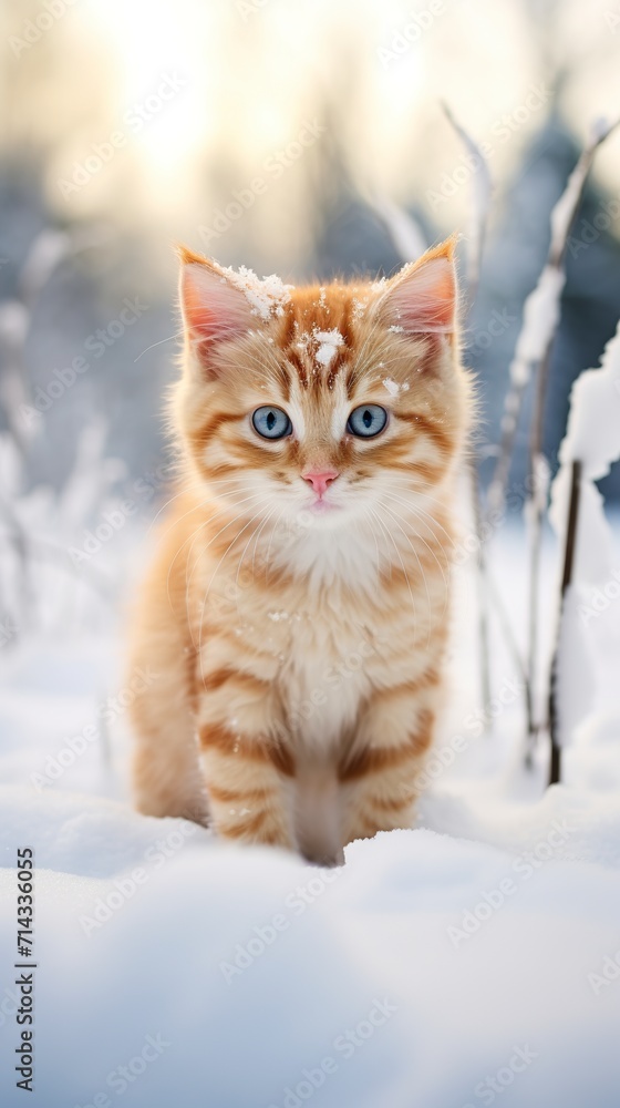 An adorable kitten dives into the icy wonders with excitement. Cat in first contact with the snow with its paws leaving footprints as it explores the terrain.