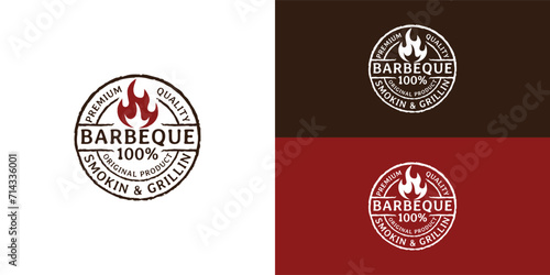 Vintage Retro Rustic BBQ Grill, Barbecue, Barbeque Label Stamp Logo design vector presented with multiple background colors. The logo is suitable for a food restaurant logo design inspiration template