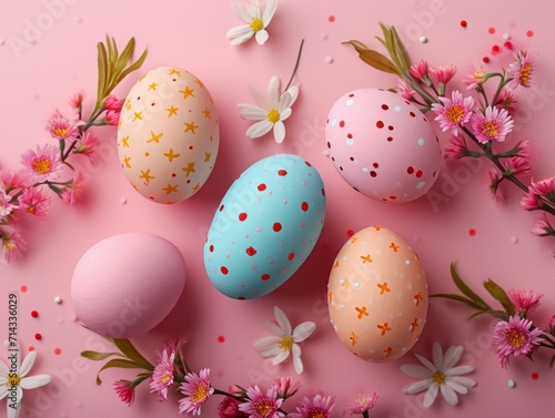 Minimalistic Easter Composition with Easter Eggs and Flowers on Pastel Pink Background AI Generated