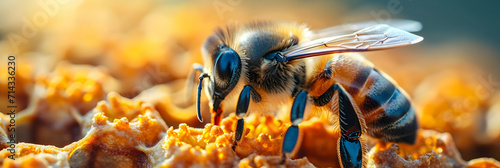 A bee on a flower, close-up and blurry bokeh background © Krzysztof