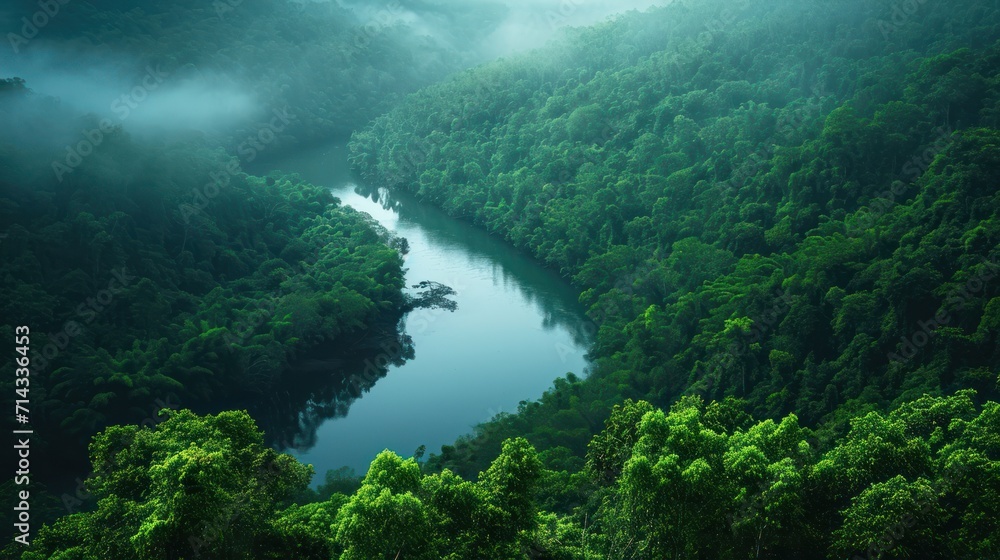  a river surrounded by lush green trees in the middle of a forest filled with lots of green trees and surrounded by fog and low lying clouds in the middle of the sky.