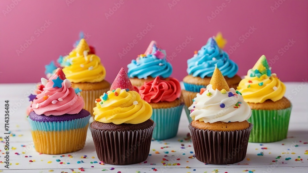 cupcake with icing A bright and cheerful photo of six birthday cupcakes with rainbow colors.  