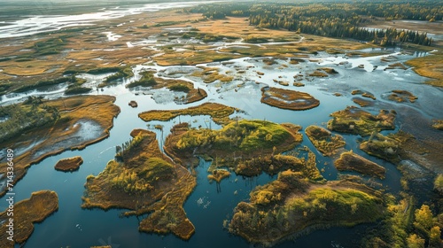  an aerial view of a marshy area with a body of water in the foreground and trees on the far side of the marshland in the foreground.