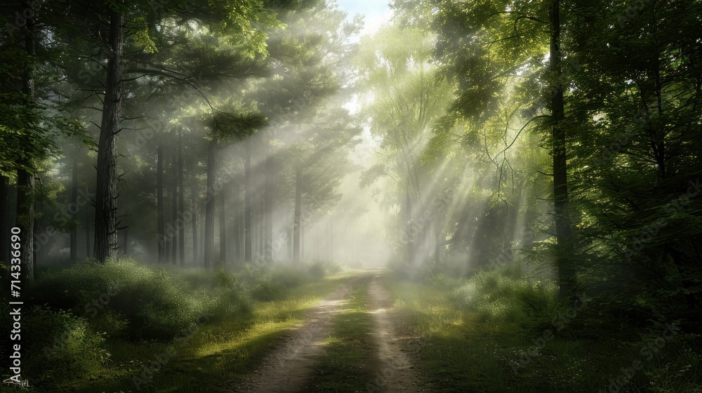 Obraz premium a dirt road in the middle of a forest with sunbeams shining through the trees on the other side of the road is a dirt path that runs through the woods.