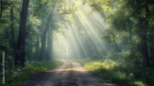  a dirt road in the middle of a forest with sunbeams shining through the trees on either side of the road is a dirt road surrounded by grass and trees. © Anna
