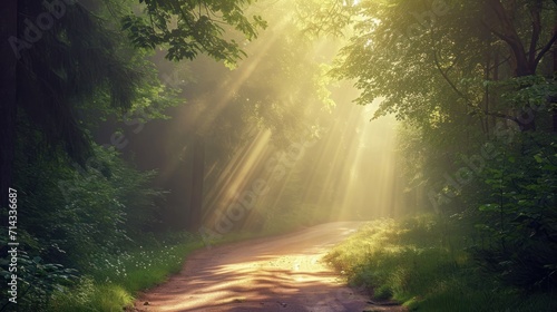  a dirt road in the middle of a forest with sunbeams shining through the trees on either side of the road and on the other side of the road.