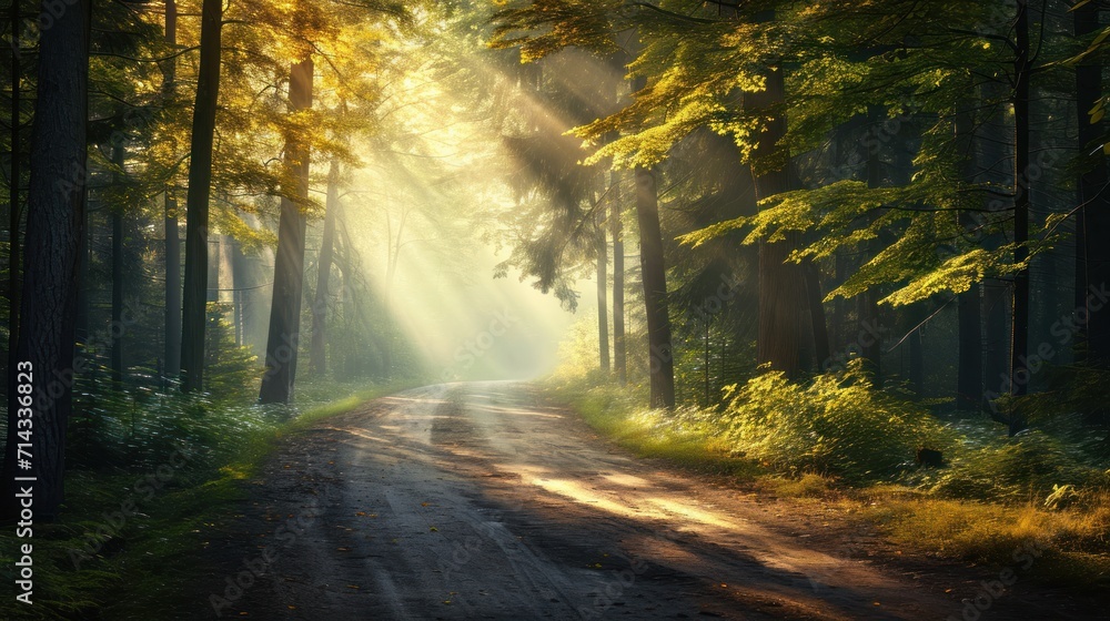 Fototapeta premium a dirt road in the middle of a forest with sunbeams shining through the trees on either side of the road is a dirt road surrounded by grass and trees.