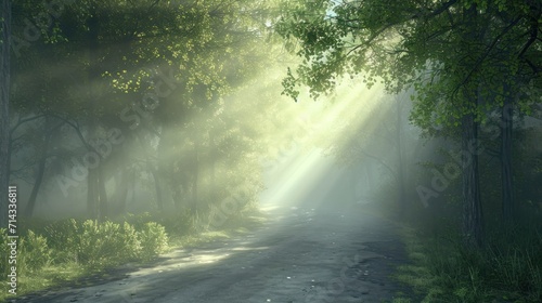  a dirt road in the middle of a forest with sunbeams shining through the trees on either side of the road is a dirt road with grass and trees on both sides.