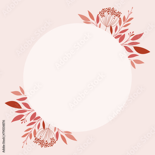Szablon zaproszenia ślubnego. Elegancka kartka z dekoracją botaniczną w odcieniach  różu i beżu, z czerwonym akcentem. Kwiatowy wzór z liśćmi i gałązkami.