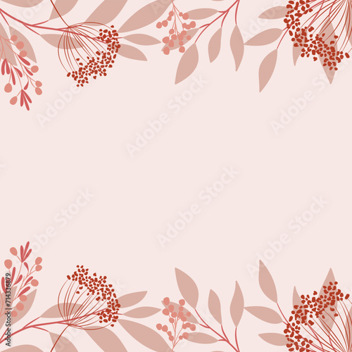 Szablon zaproszenia ślubnego. Elegancka kartka z dekoracją botaniczną w odcieniach różu i beżu, z czerwonym akcentem. Kwiatowy wzór z liśćmi i gałązkami.