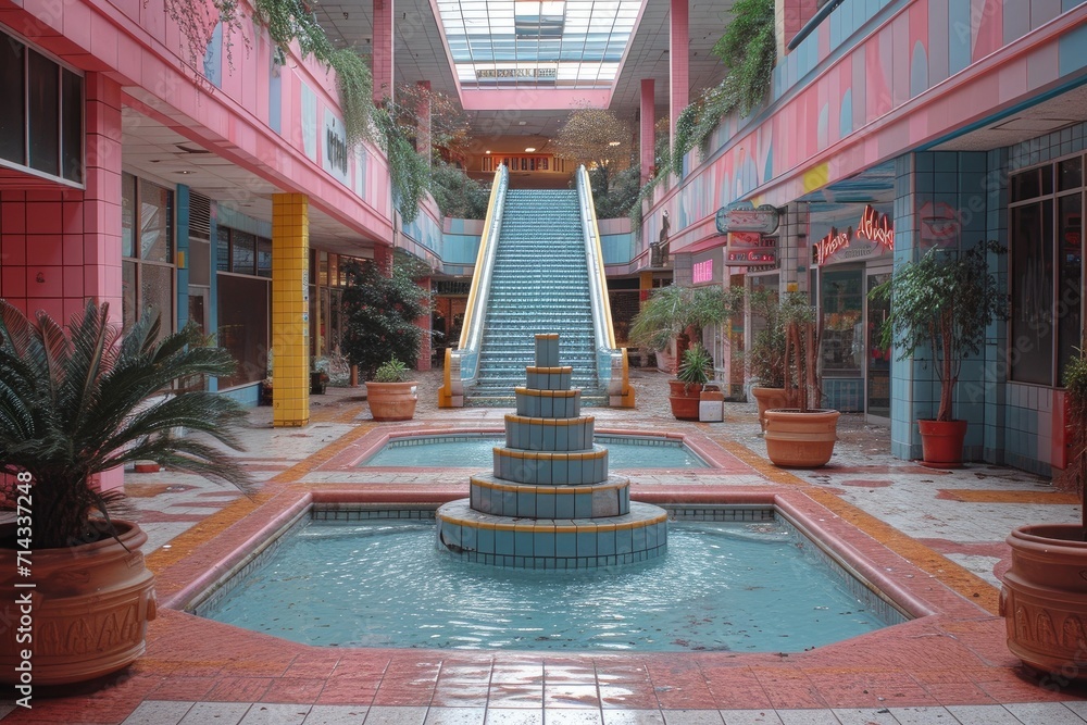  pink and blue hues stands out in the desolate space of an abandoned mall