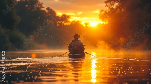 Silhouette of a lone fisherman rowing on a calm river, with the golden hues of sunrise reflecting on the water