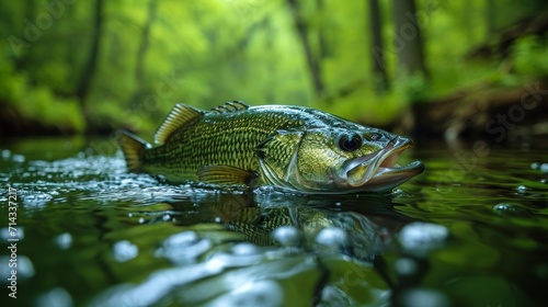Dynamic shot of a largemouth bass being reeled in by a fisherman in a lush river setting