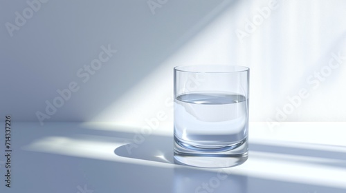  a glass of water sitting on a table with a shadow from the sun shining on the wall behind it and a shadow from the wall behind the glass of the glass.