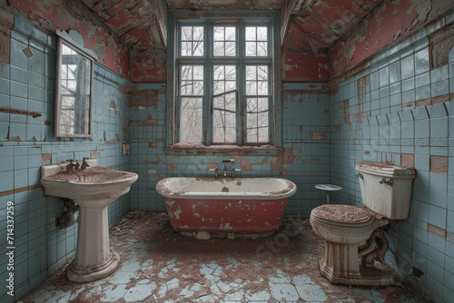 clawfoot bathtub stands forlorn in the center of an abandoned, dilapidated bathroom, its once pristine tiles now telling a story of neglect and the passage of time photo