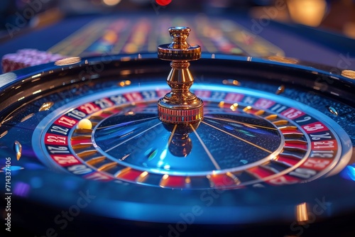 close-up of a spinning casino roulette wheel with a blur of vibrant red and blue segments