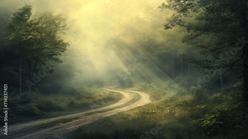  a dirt road in the middle of a forest with sunbeams shining down on the trees and a dirt road in the middle of the middle of the forest.