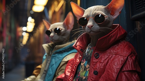 Two trendy sphynx cats wearing sunglasses and jackets, looking cool and stylish