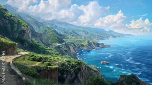  a painting of a scenic view of the ocean with a path leading to a cliff and a road running along the side of the cliff that leads to the ocean. © Anna