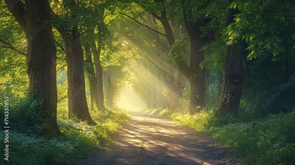 Obraz premium a dirt road in the middle of a forest with trees on both sides of the road and sunlight coming through the trees on the other side of the dirt road.