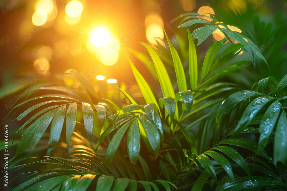 Fresh green leaves bask in the warm, golden light of the setting sun, creating a tranquil atmosphere