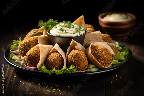 A delicious assortment of falafel balls, pita bread, and fresh greens, beautifully presented on a dark plate with a creamy dip, set against a dark background.