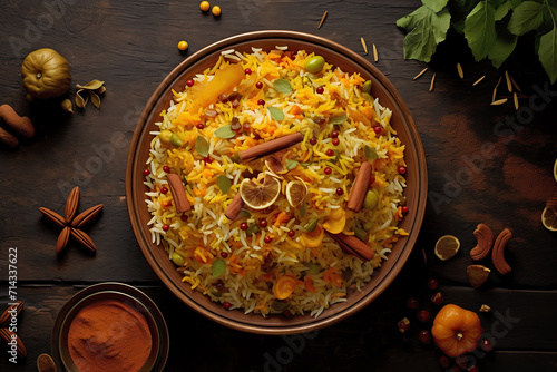 A top view of a delicious bowl of biryani rice, garnished with spices, dried fruits, and herbs on a rustic wooden table