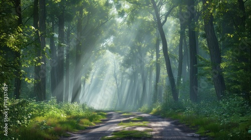  a dirt road in the middle of a forest with sunbeams shining through the trees on either side of the road and the road is surrounded by grass and trees.