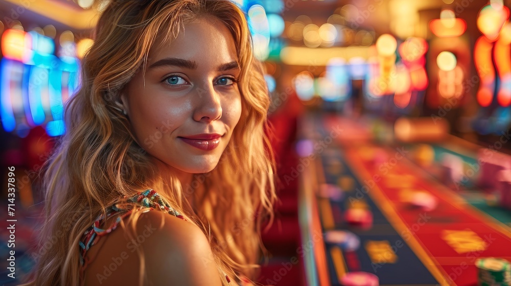 young, elegant woman smiles at the camera with casino games softly illuminated in the background