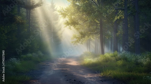  a painting of a dirt road in the middle of a forest with sunbeams coming through the trees and sunbeams coming through the trees on the ground. © Anna