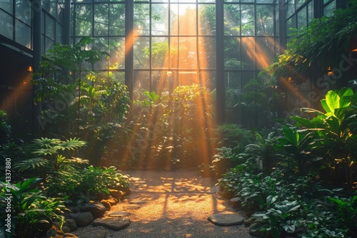 Sunset Glow in a Lush Greenhouse Garden photo