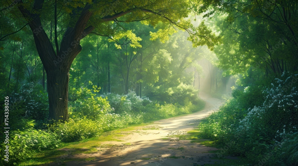a painting of a dirt road in the middle of a forest with sunlight streaming through the trees on either side of the road is a dirt road that runs through the woods. a painting of a dirt road in the middle of a forest with sunlight streaming through the trees on either side of the road is a dirt road that runs through the woods.
