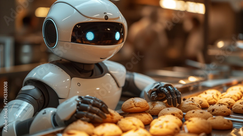 Cute robot assistant prepares delicious cookies for dinner in kitchen photo