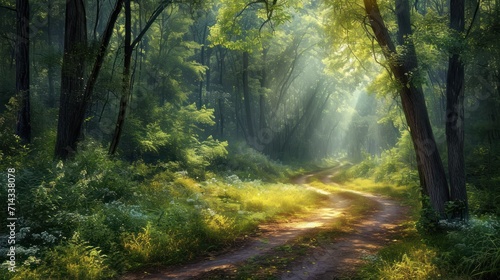  a painting of a dirt road in the middle of a forest with sunbeams shining through the trees on either side of the dirt road is a dirt road. © Anna