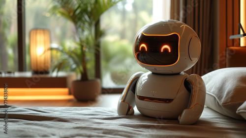 Adorable child-friendly robot helper in cute decorated bedroom