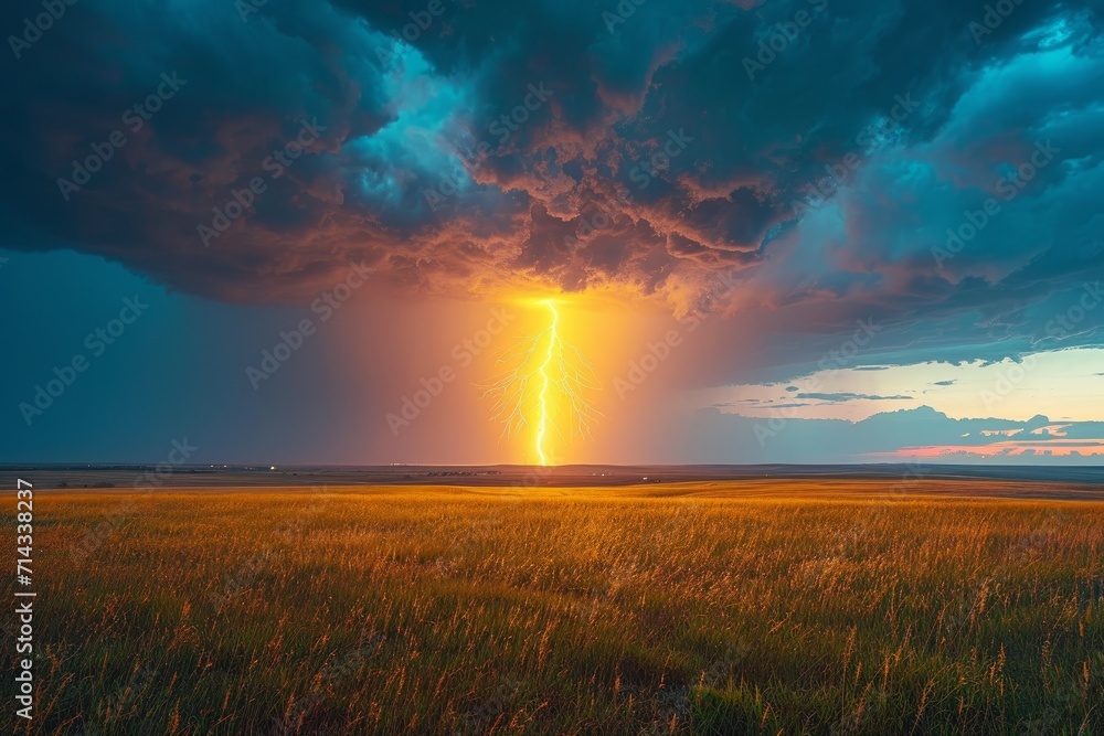 Fototapeta premium Vivid purple lightning bolts illuminate the sky above a densely populated city during twilight